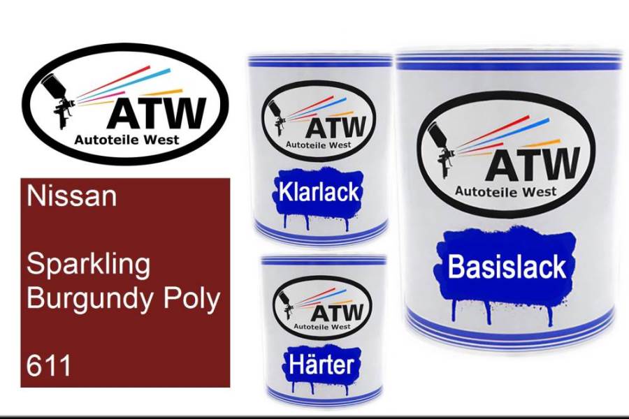 Nissan, Sparkling Burgundy Poly, 611: 1L Lackdose + 1L Klarlack + 500ml Härter - Set, von ATW Autoteile West.
